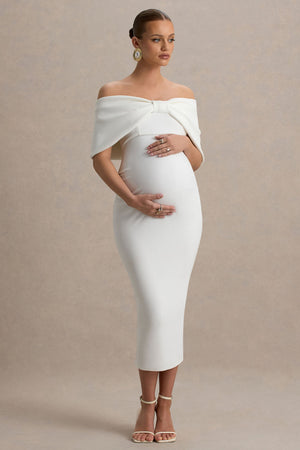 Droplet | Vestido Midi de Premamá Blanco con Lazo y Escote Bardot