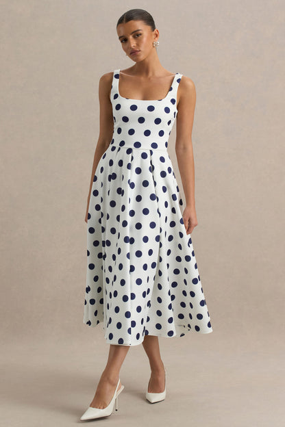Berta | Vestido midi con escote cuadrado y falda volumen de lunares azul marino
