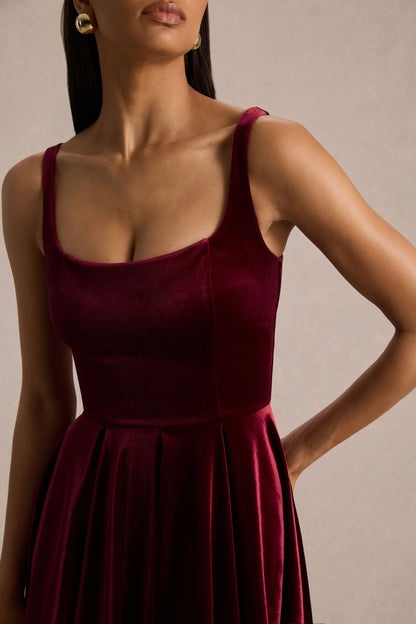 Roxanne | Vestido Corto de Terciopelo Burdeos con Escote Cuadrado