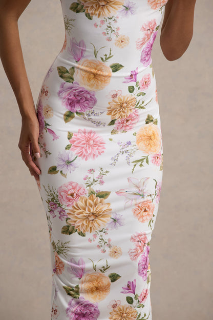 Nora | Vestido midi ajustado con escote asimétrico con detalle torcido con estampado floral