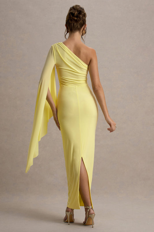 Clementina | Vestido largo en color amarillo con Manga de Capa Asimétrica
