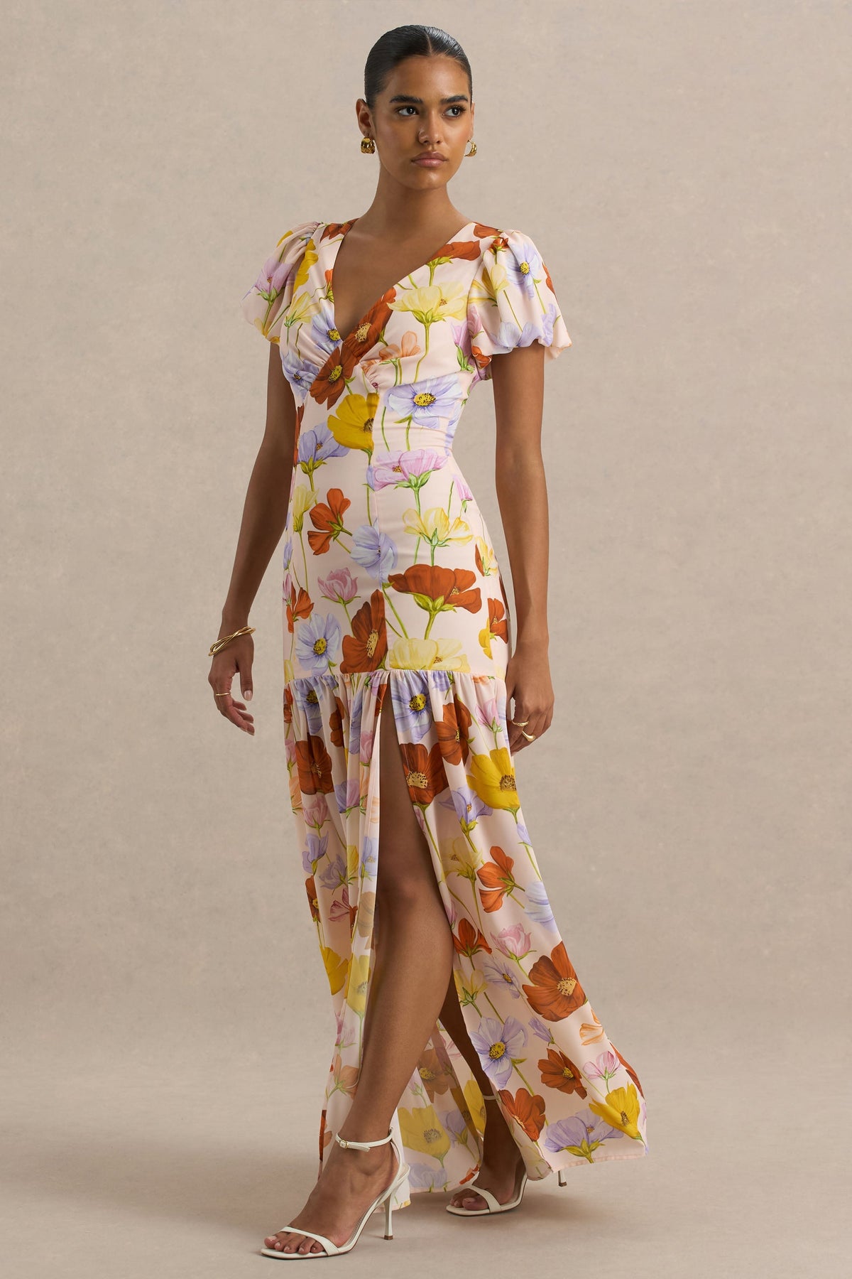 Ginny | Vestido largo con estampado floral y mangas cortas abullonadas