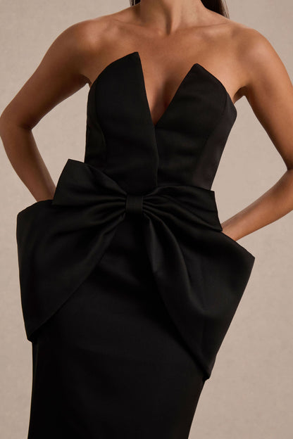 Sonata | Vestido Largo Negro de Satén con Escote Bandeau y Falda Tulipán