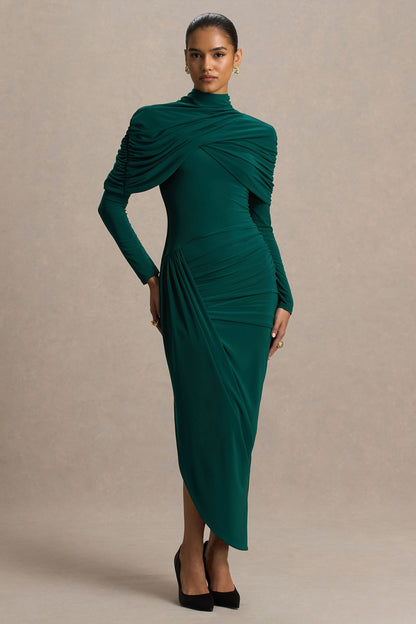 Aneira | Vestido largo de cuello alto verde botella con mangas capeadas