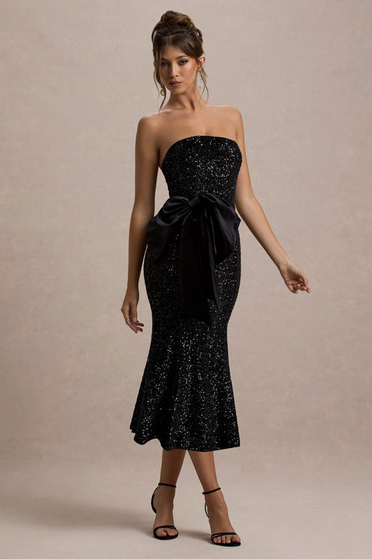 Adee | Vestido Midi de Terciopelo Negro con Escote Halter y  detalle de Lazo