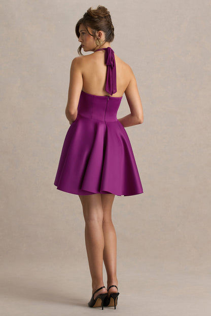 Peggy | Vestido Corto Skater En Tono Morera Con Escote Halter