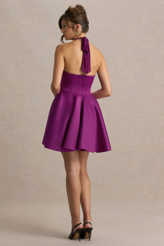 Peggy | Vestido Corto Skater En Tono Morera Con Escote Halter