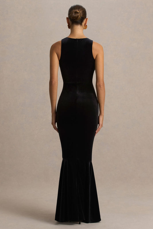 Pippa | Vestido Largo Negro De Terciopelo Con Cuello Redondo Y Cola De Sirena