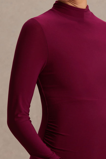 Alejandra | Vestido Largo premamá en burdeos con manga larga y escote alto