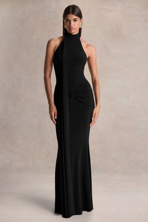 Hyla | Vestido Largo Negro con Escote Alto y Detalle de Fajín