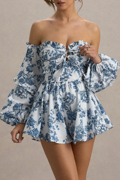 Ithaca | Mono corto con estampado floral azulado y mangas voluminosas
