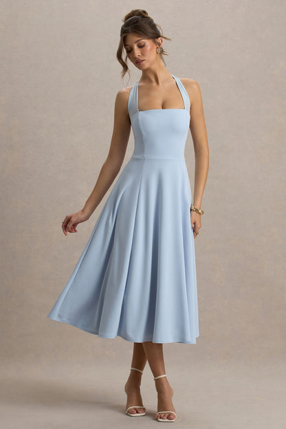 Auburn | Vestido midi azul bebé con escote halter de malla con lazo