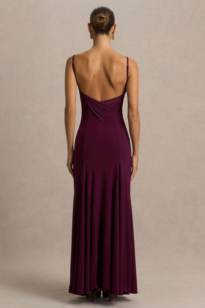 Gabbie | Vestido Largo Burdeos Con Escote Drapeado y Espalda De Malla