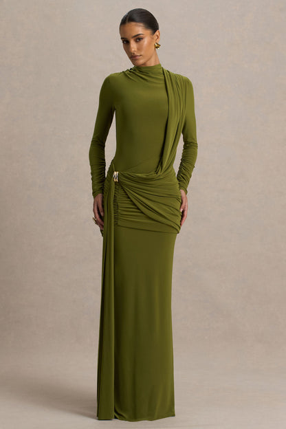 Melissa | Elegante Vestido Largo Oliva de Escote Alto con Detalles Drapeados y Fajín