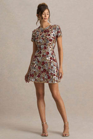 Eira | Vestido corto rojo de lentejuelas con estampado floral y escote redondo