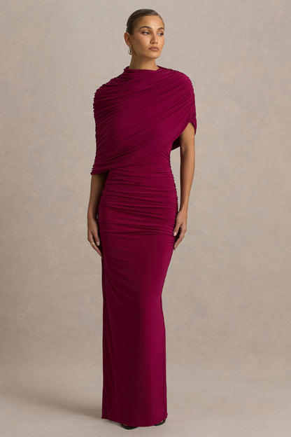 Glitz | Vestido largo en Burdeos con Escote Alto, Manga Capa y Detalles Fruncidos
