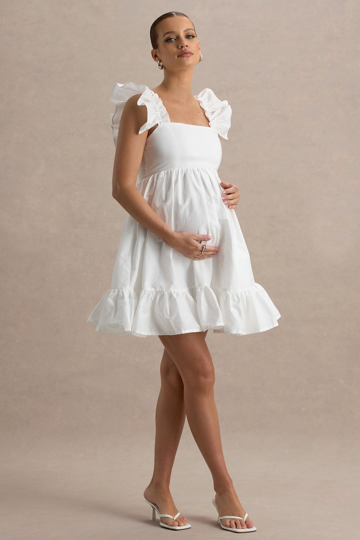 Dolly Daze | Vestido corto de premamá Blanco con Mangas de Volantes