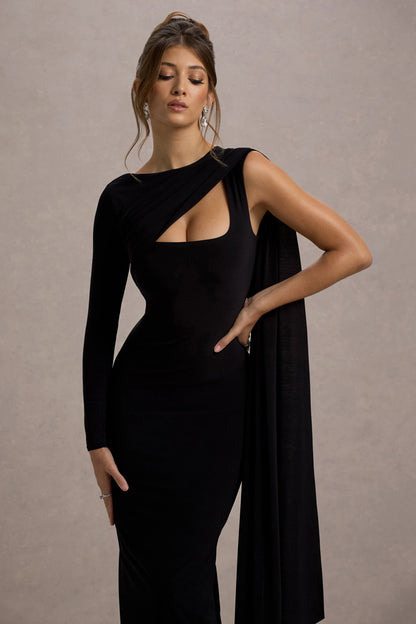 Ashini |  Vestido largo Negro de Una Manga con Capa