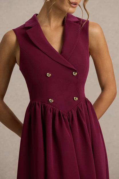 Lisa | Vestido Midi Sastre Color Burdeos con Escote Pronunciado