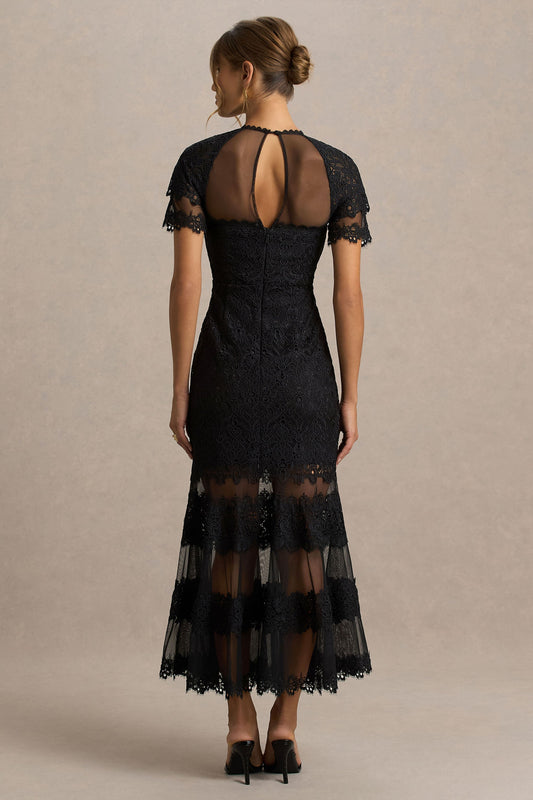 Leanne | Vestido midi negro de encaje y malla con cuello redondo y corte sirena