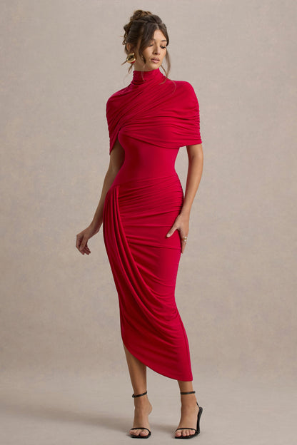 Enchant | Vestido Midi Rojo con detalle de capa y drapeado