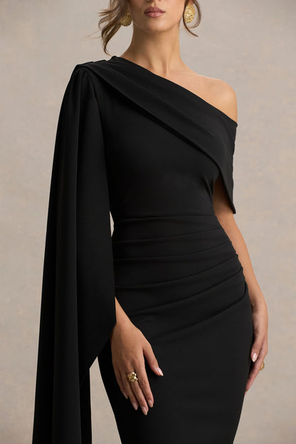Leah | Vestido Midi Burdeos De Escote Asimétrico Con Manga Capa y Detalle Drapé