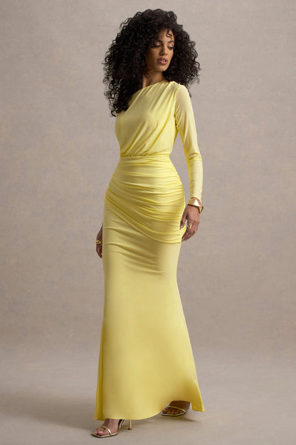 Deanna | Vestido largo Amarillo limón con Escote Asimétrico y Drapeado