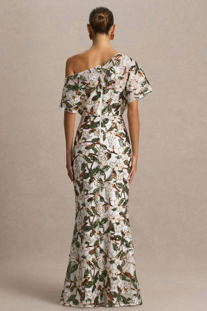 Iony | Vestido Largo de cuello asimétrico con detalles florales, malla y lentejuelas en blanco y verde