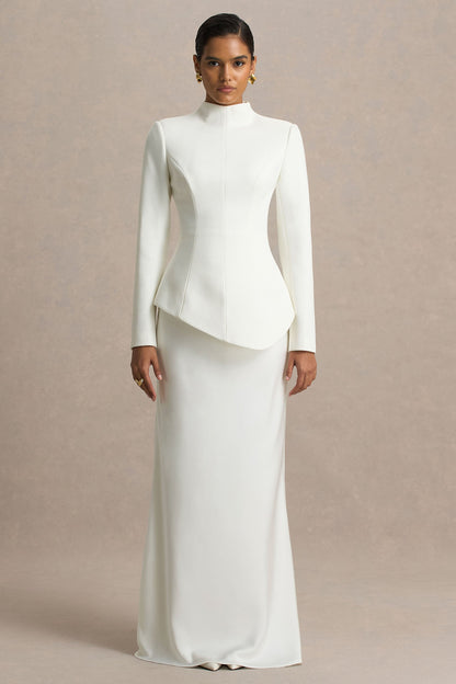 Pepita | Vestido Largo Crema de Escote Alto con Cintura Asimétrica y Falda de Satén