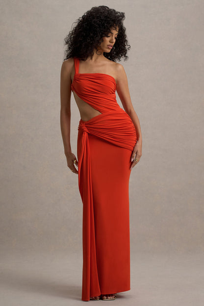 Giovanna | Vestido largo naranja con detalles cut out y fruncidos