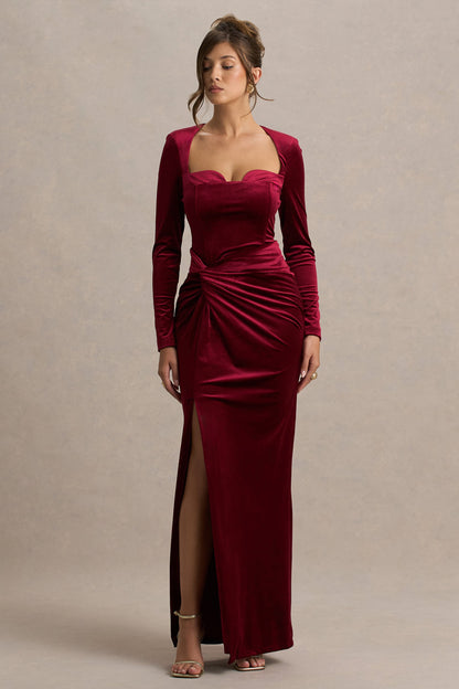 Fay | Vestido Largo Anudado Estilo Corsé en Terciopelo Color Baya