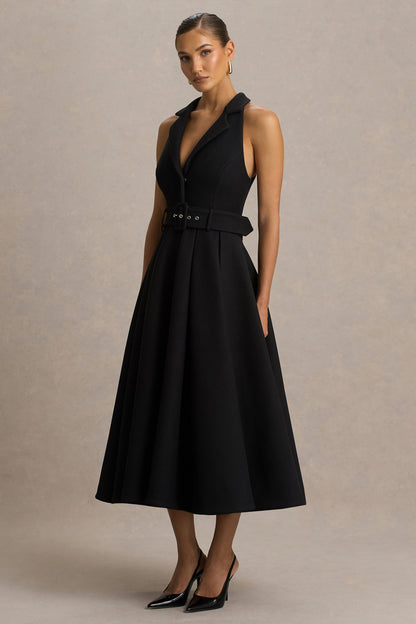 Alessa | Vestido Midi Negro Entallado con Escote Profundo