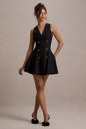 Collette |  Vestido corto Negro Entallado con Escote Pronunciado y botones