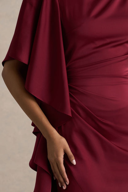 Freya | Vestido Largo De Satén Burdeos Con Cuello Alto y Detalle Fruncido