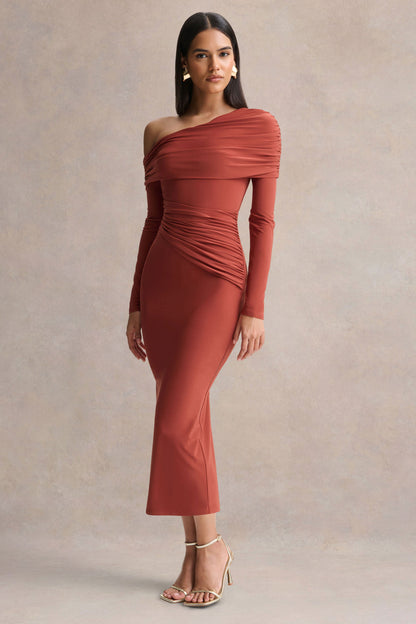 Elliora | Vestido midi de color óxido con cuello asimétrico