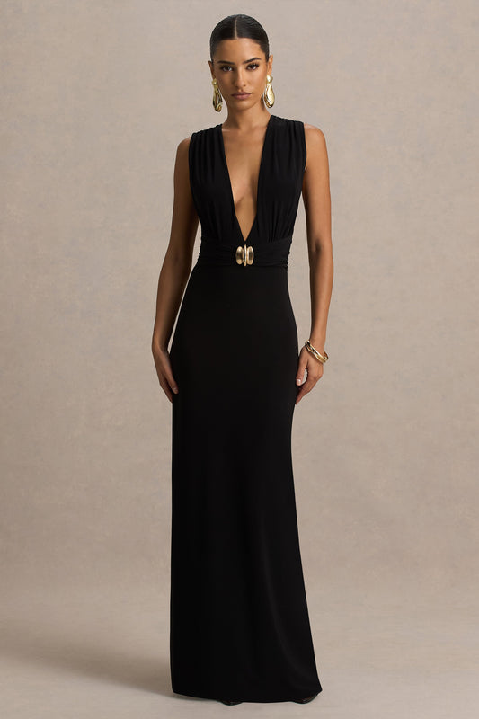 Alena | Vestido Largo Negro con Escote Profundo y Detalle Dorado