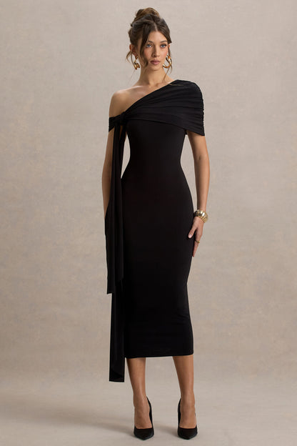 Praia | Vestido midi negro entallado con detalles fruncidos y drapeados