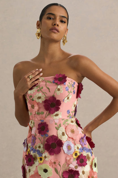 Kristen | Vestido corto Rosa con Bordado Floral y Escote bandeau