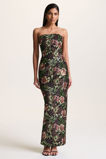 Cora | Vestido Largo Bandeau de Malla y Lentejuelas con Capa en la Espalda