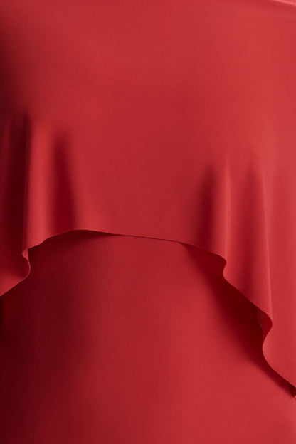 Kalani | Vestido Midi Rojo con Cuello Redondo y Mangas Tipo Capa