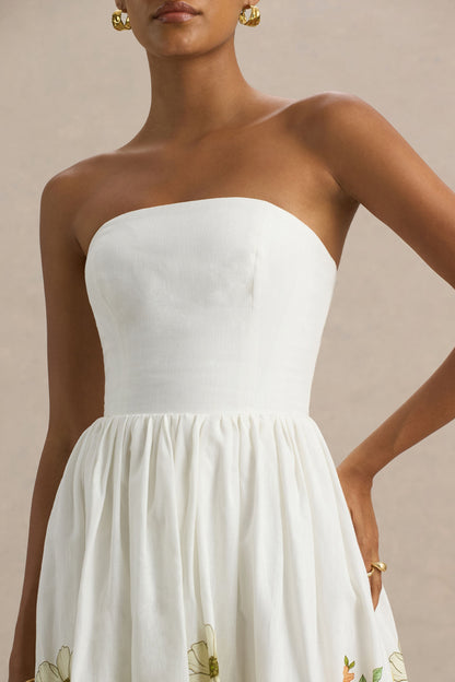Ivory | Vestido midi asimétrico con escote bandeau y estampado de girasoles