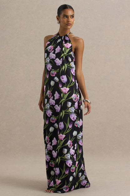 Svana | Vestido largo Asimétrico con Escote Halter en Satén Floral Negro