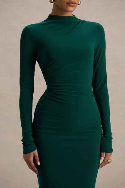 Eden | Vestido Largo Verde Botella con Escote Alto y Detalles Fruncidos