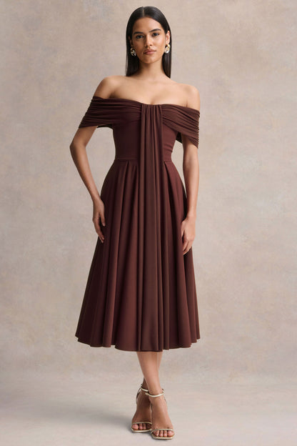 Dearest | Vestido Midi Marrón con Escote Bardot