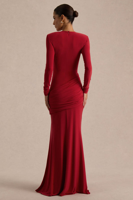 Liora | Vestido Largo Rojo de Cuello Alto con Abertura Delantera Alta