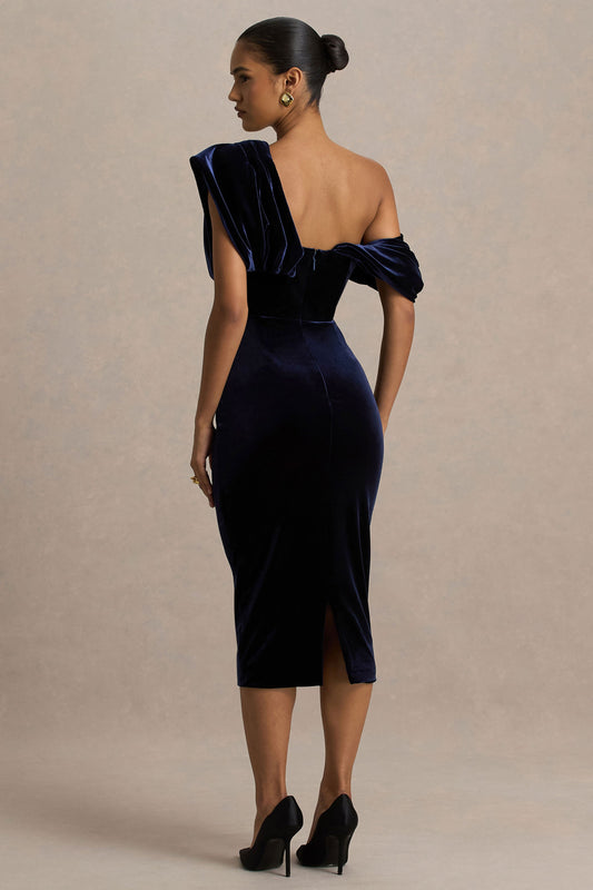 High End | Vestido midi de terciopelo azul marino con escote asimétrico drapeado