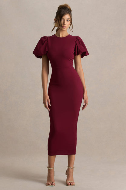 Dakota | Vestido Midi Burdeos De Manga Abullonada