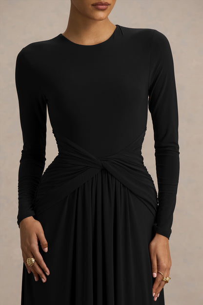 Estrella | Vestido Largo negro con cuello alto y detalle fruncido