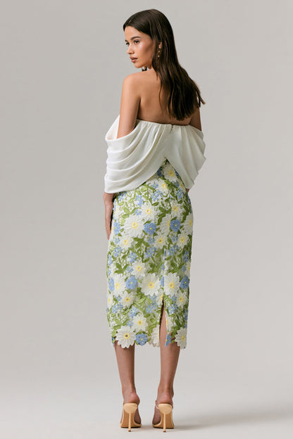 Entitled | Vestido Midi con Estampado Floral Crema y Escote Bardot con Detalles de Encaje