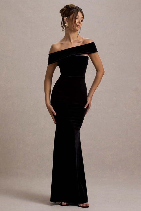 Candela | Vestido largo de Terciopelo negro con Escote Bardot Asimétrico